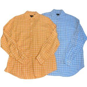 2 Henry Cotton Linen Plaid Dress Shirts Small Men *FITS LIKE MEDIUM* Blue Orange
